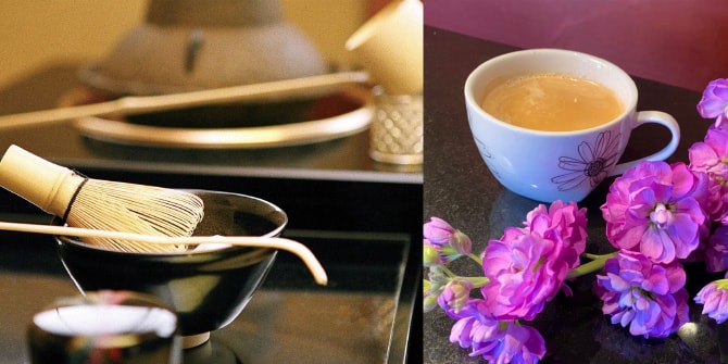 お茶の道具一式 紫の花とコーヒーカップに入った飲み物